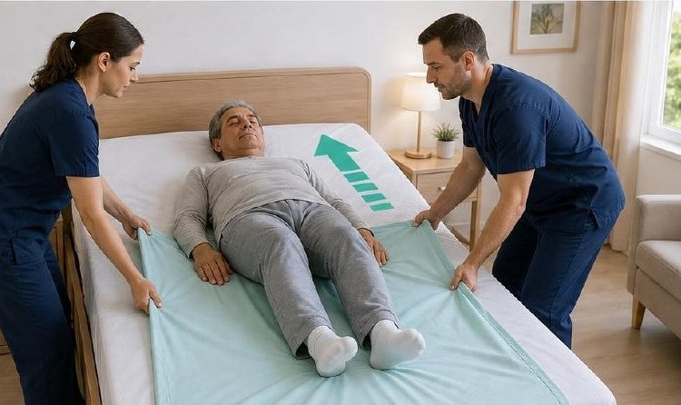 Dos cuidadores reposicionando a una persona encamada